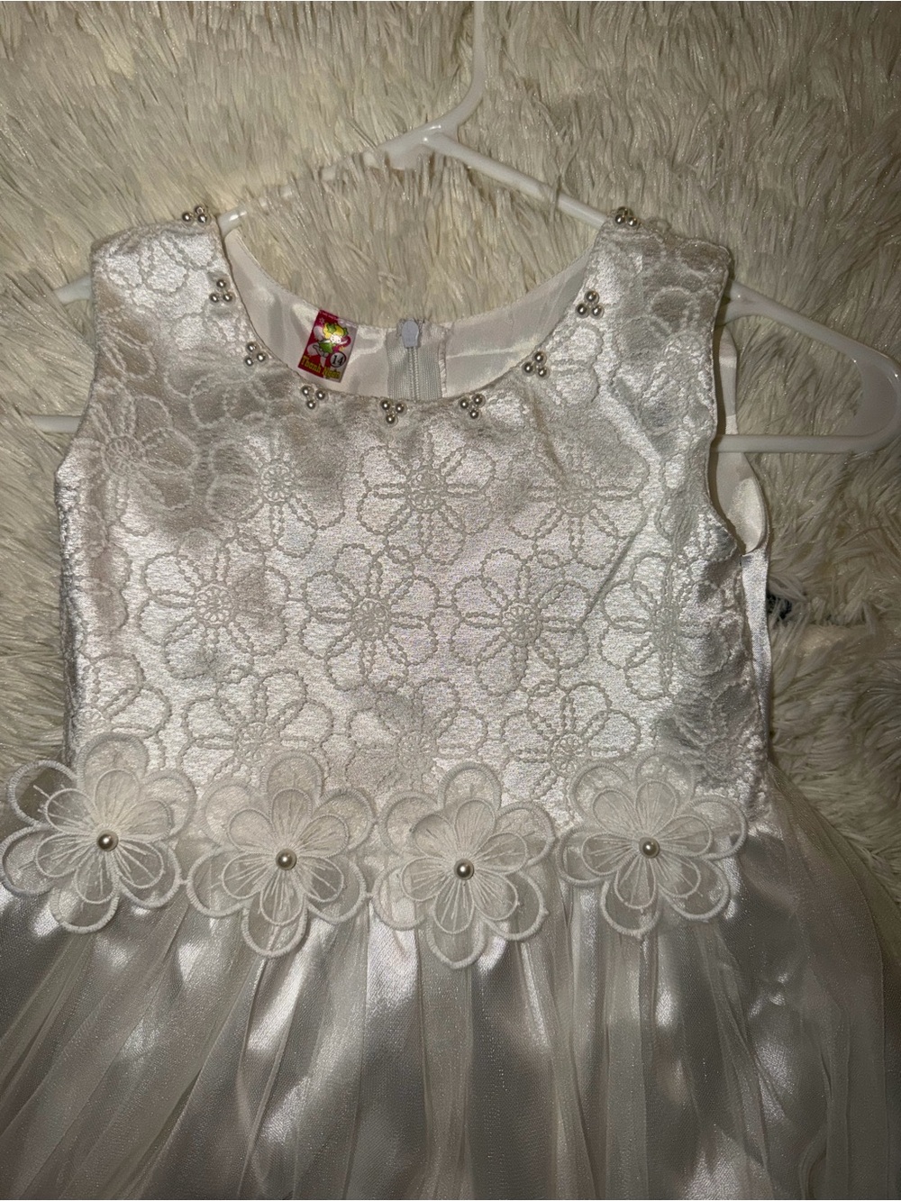 Girls White Floral Lace & Tulle Formal Dress with Pearl Trim